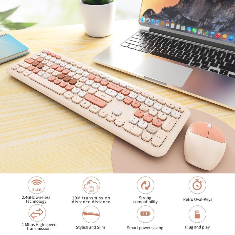 SkyGive Wireless Keyboard and Mouse Combo, Colorful Ergonomic Full Size Retro Low-Noise Keyboard with Cute keycaps, Compatible with Windows, PC, Perfer for Home and Office Keyboards (Brown) - Image 2